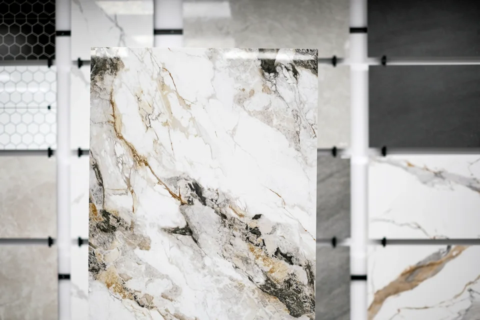 Porcelain slabs displayed in the Deluxe Tiles showroom