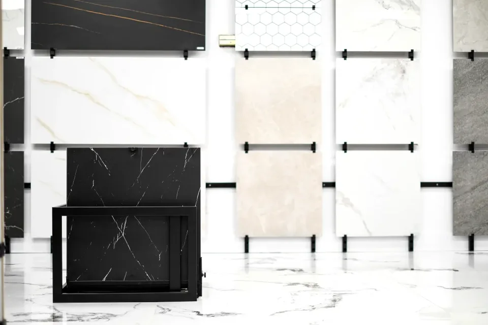 Large-format porcelain samples in the Deluxe Tiles showroom